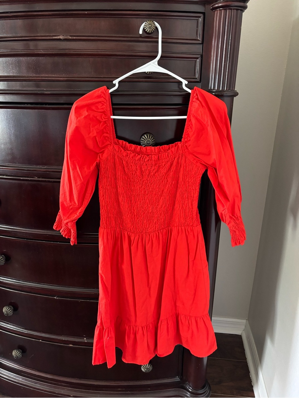 Girls' Red Smocked Puff-Sleeve Casual Dress